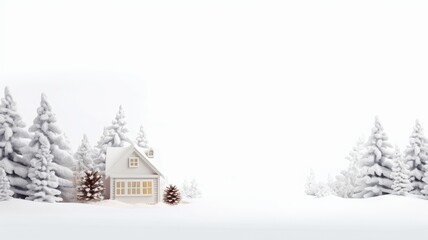 Obraz na płótnie Canvas a serene scene with a Christmas decorative house placed next to a delicate fir branch on a clean white wooden background. The spacious left side is perfect for adding your personalized holiday message