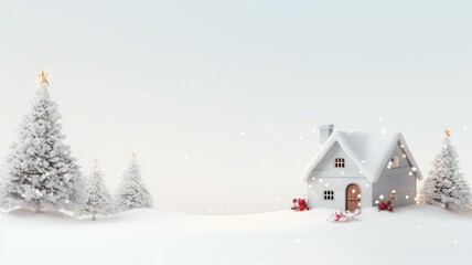 Obraz na płótnie Canvas a serene scene with a Christmas decorative house placed next to a delicate fir branch on a clean white wooden background. The spacious left side is perfect for adding your personalized holiday message