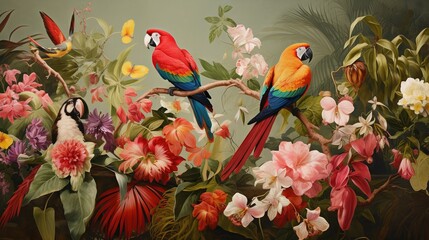  a painting of two parrots sitting on a branch surrounded by flowers.  generative ai