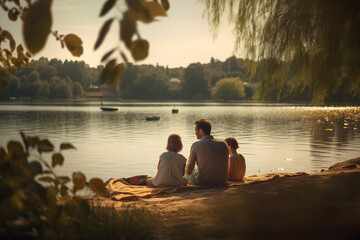 Fototapeta na wymiar Silhouette of a family having a picnic by the lake happily
