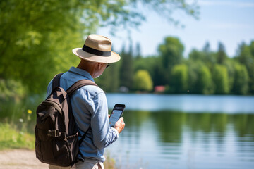 Obraz premium Senior male tourist looking at map on smartphone at lakeside