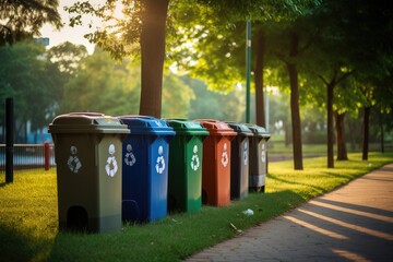 Different color recycling bins in city park bins for collection of recycle materials.