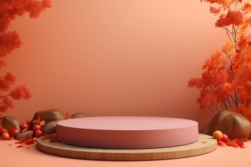 Autumn pedestal, podium, platform for advertising products. Orange podium surrounded by fall leaves.