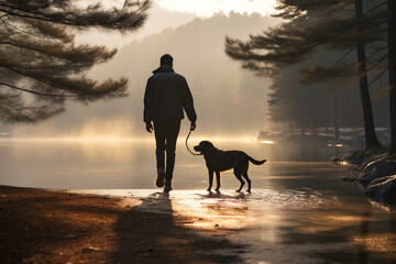 Male tourist walks with dog at lakeside