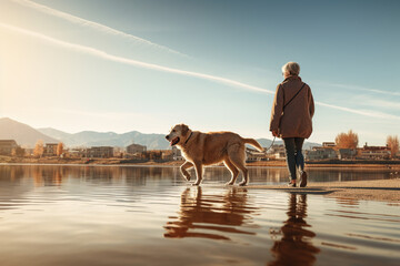 Female tourist walks with dog at lakeside