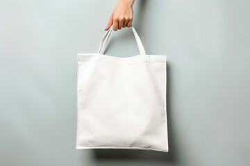 Female holding black cotton bag in her hand on white background