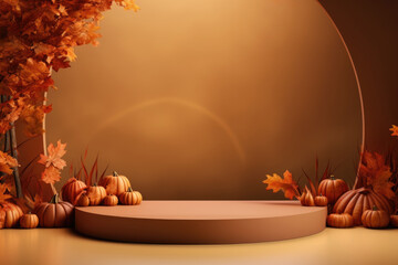 Autumn pedestal, podium, platform for advertising products. Orange podium surrounded by fall leaves.