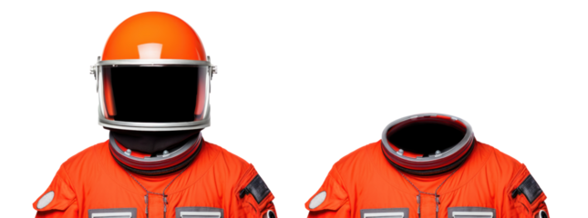 Сhest-up shot of a orange spacesuit with and without helmet cut out