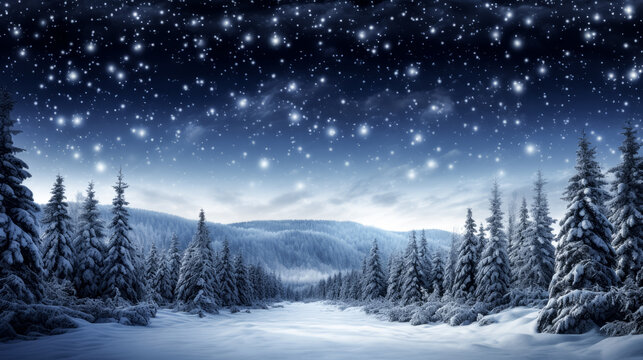 A winter landscape under a moonlit sky on New Year's Eve is captured in the image.