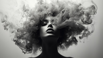 mysterious woman in smoke with beautiful hair portrait, monochrome style high fashion model - obrazy, fototapety, plakaty
