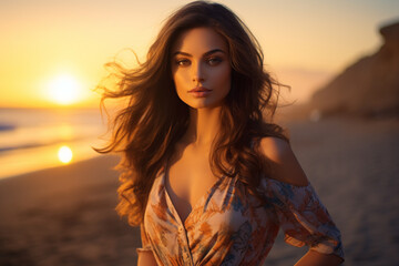 Fototapeta premium Beautiful woman standing and looking at the sky at the seaside