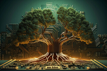 Tree growing a circuit board and integrated as organic processor, indicating the concept of the fusion of nature and technology and future clean, renewable, and green energy in sustainable technology - obrazy, fototapety, plakaty