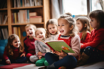 children in kindergarten at a reading lesson - Powered by Adobe