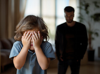 Scared little girl covering her face with her hands at home, with a menacing male figure in the blurred background, illustrating family abuse - obrazy, fototapety, plakaty