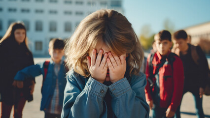 Young girl crying and covering her face outside the school, with other children and a school building blurred in the background. School bullying