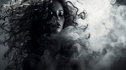 mysterious woman in smoke with beautiful hair portrait, monochrome style high fashion model