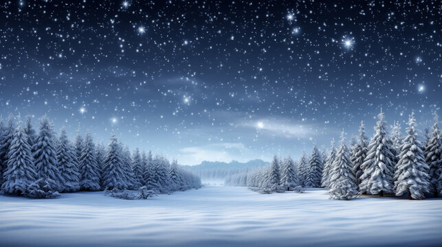 A moonlit winter landscape is captured on New Year's Eve in this stunning image, featuring a serene and snowy scene.