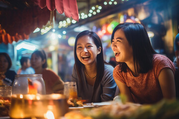 Group of young female friends eating happily at a street food market - obrazy, fototapety, plakaty