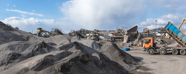 A company producing road aggregate. Production line.