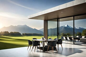 Fototapeta premium A contemporary house in a beautiful landscape with mountains in background - AI Generative