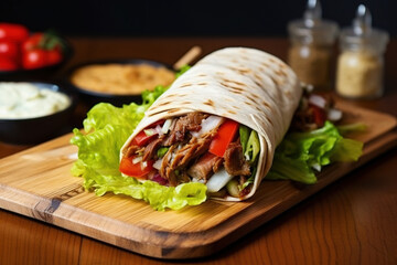 Shawarma with chicken and garlic sauce on wooden board. Closeup