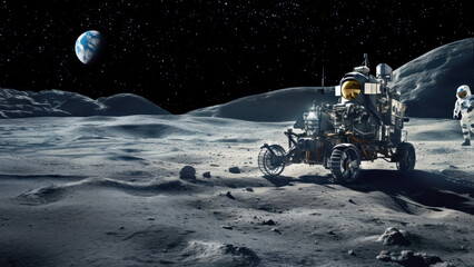 Future explortion of the Moon, rover vehicle on lunar surface with the Earth visible in the sky - obrazy, fototapety, plakaty