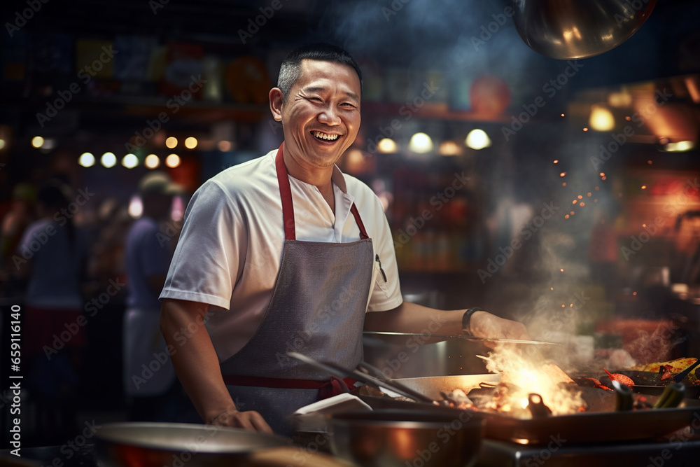 Wall mural local male chef happily cooks at street food market