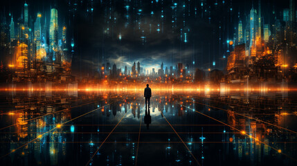 Obraz premium Connected future: digital visions between cyberspace and advanced technology. The smart city and abstract dot connect with the gradient line and the Intricate aesthetic.