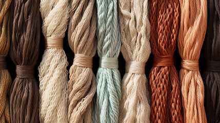 close up of different fabric ropes made from different materials and colors, home design and textile design