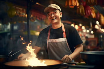 Local male chef happily cooks at street food market - obrazy, fototapety, plakaty