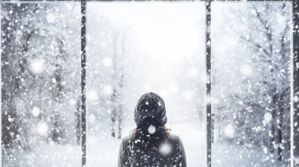 A person gazes out of a window as the first snowfall of the season blankets the ground. The world outside is transformed into a winter wonderland. - obrazy, fototapety, plakaty