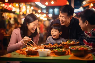 Muurstickers family eating Happily at the Street Food Market © toonsteb