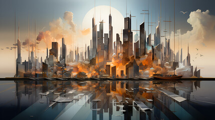 Fototapeta premium A modern city with skyscrapers in the background, in the style of futuristic fragmentation