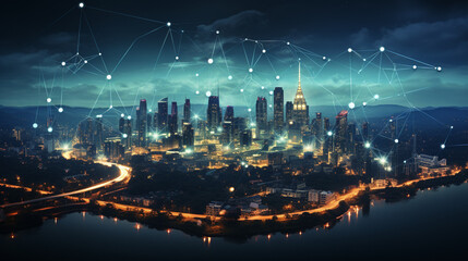 Obraz premium Connected future: digital visions between cyberspace and advanced technology. The smart city and abstract dot connect with the gradient line and the Intricate aesthetic.