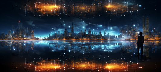 Fototapeta premium Connected future: Big data connection technology concept. The smart city and abstract dot connect with the gradient line and the Intricate aesthetic.