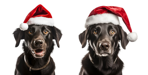Christmas dog set with black dogs in Santa Claus hat isolated on transparent background - Generative AI	
