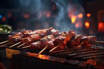 Delicious grilled beef or pork over a charcoal grill at the street food market - obrazy, fototapety, plakaty