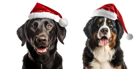  Set of black dogs, Christmas dog with Santa Claus hat isolated on transparent background - Generative AI	
