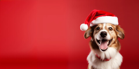 Christmas and New Year greeting card Dog in a Santa Claus hat isolated on red background
