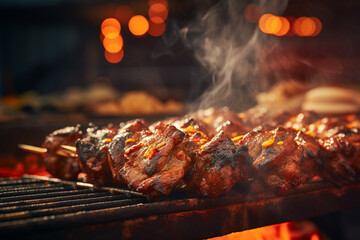 Delicious grilled beef or pork over a charcoal grill at the street food market - obrazy, fototapety, plakaty