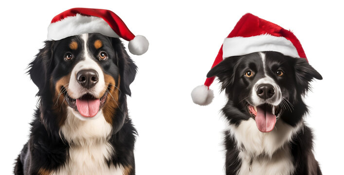 Set of Christmas dogs with Santa Claus hat, black dog  isolated on transparent background - Generative AI	
