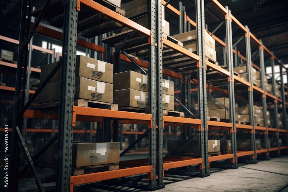 Poster a large warehouse filled with numerous boxes. ideal for illustrating concepts such as storage, logis