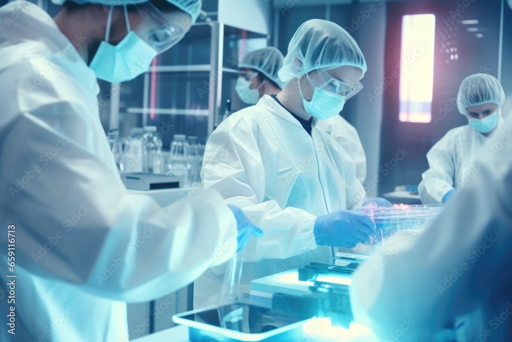 Poster A group of people working together in a laboratory, conducting experiments. This image can be used to showcase teamwork, scientific research, or education in various contexts.