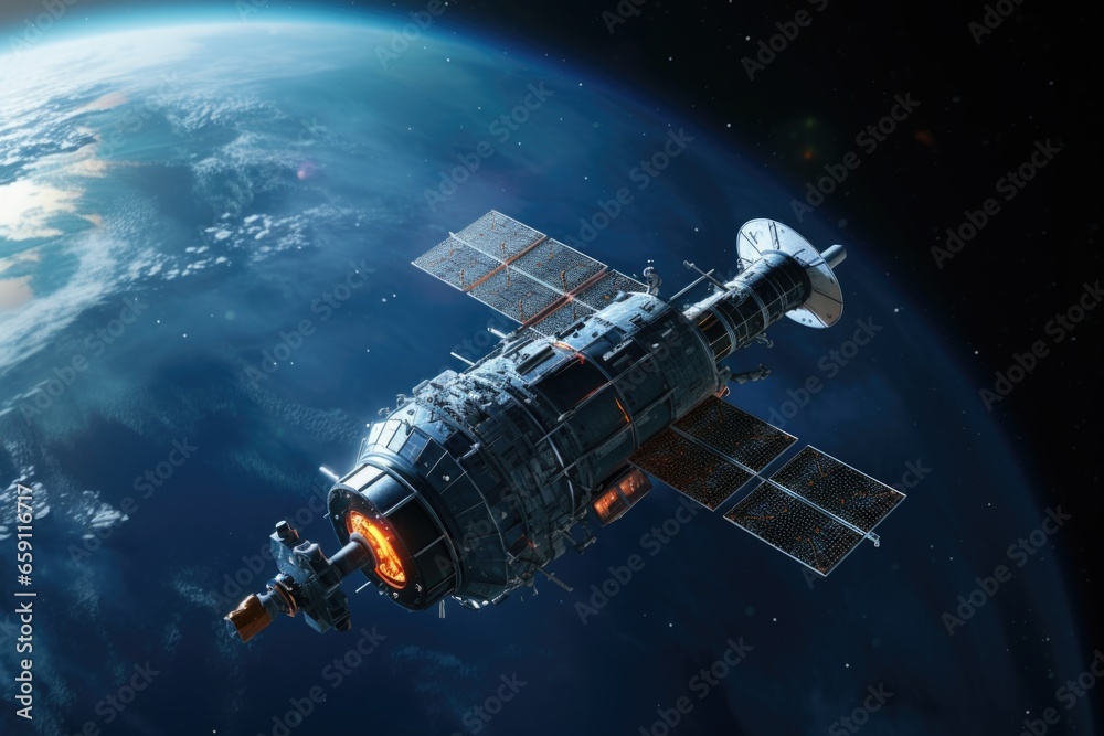 Poster A picture of a space station located in the middle of the earth. This image can be used to depict a futuristic concept or to represent a science fiction setting.