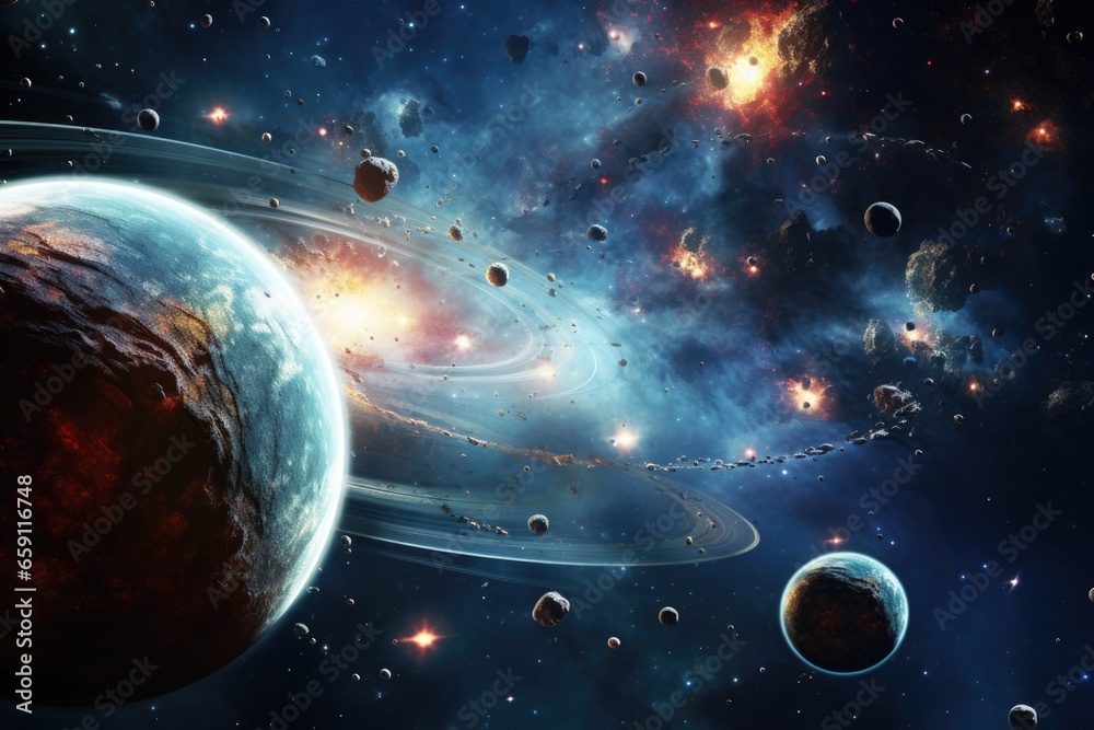 Aufkleber A captivating image showcasing a mesmerizing space scene with planets and stars. Perfect for various creative projects and designs.