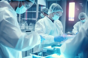 A group of people working together in a laboratory, conducting experiments. This image can be used to showcase teamwork, scientific research, or education in various contexts.