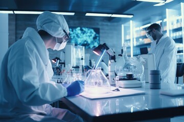 Two people in lab coats working in a laboratory. This image can be used to represent scientific research, experimentation, or collaboration in a laboratory setting.