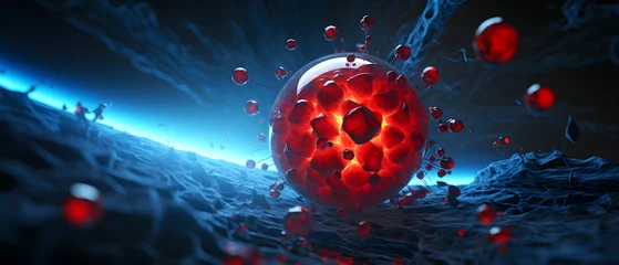 Fotobehang A blue and red ball is surrounded by red and blue spheres, virus concept © LensLoot