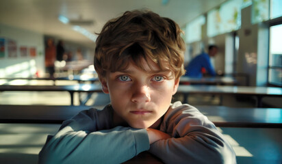 12-year-old boy sitting alone at a desk in a classroom, with expression of worry and unhappiness. Teen school problems themes