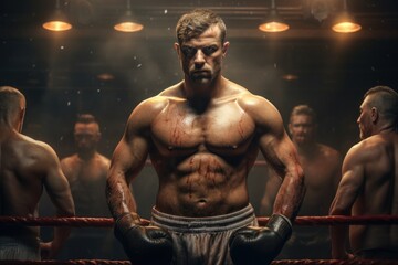 Fototapeta na wymiar A shirtless man standing confidently in a boxing ring. This image can be used to depict athleticism, strength, and determination. It is suitable for sports-related designs and promotions.